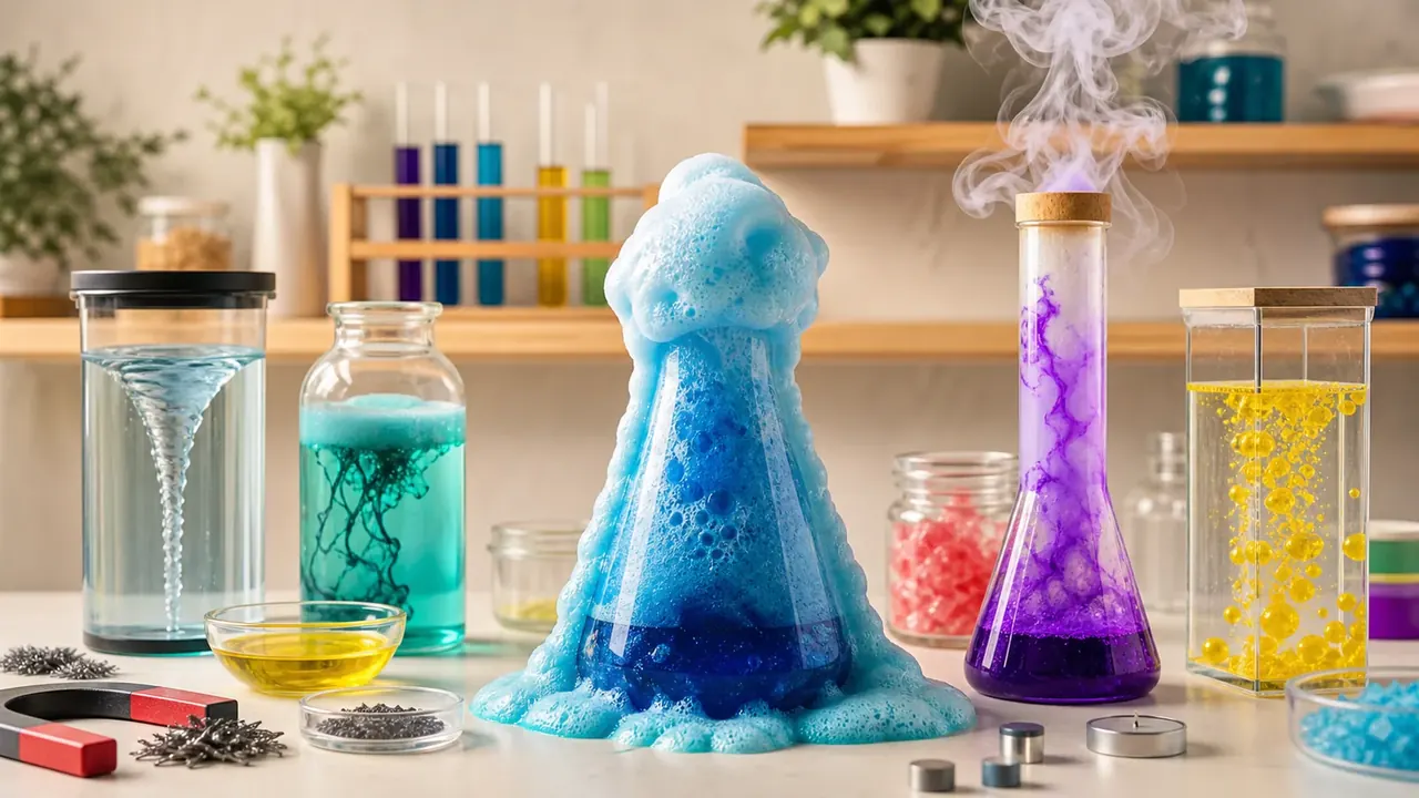 Experiências de ciência com espuma azul, misturas coloridas, água e ímãs