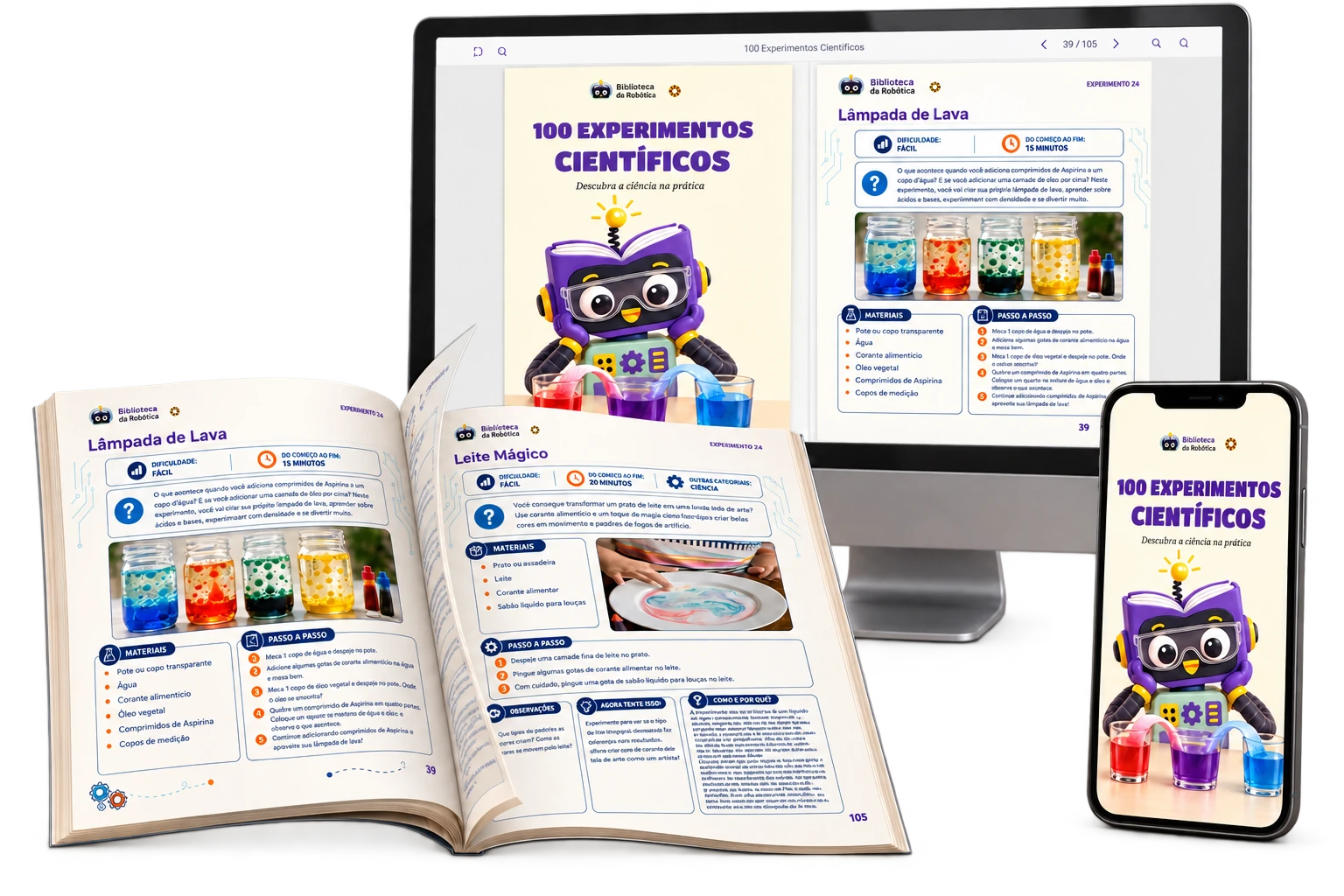 Representação do livro digital com a capa oficial no celular e no computador, e aberto como um flipbook